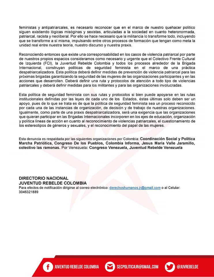 [COMUNICADOS] De organizaciones sobre la agresión sexual durante la II Brigada Internacionalista Che Guevara